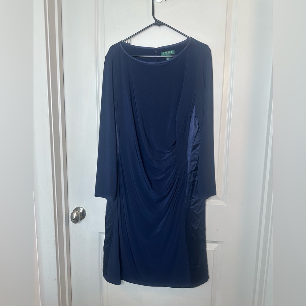 Lauren Ralph Lauren Jersey Knit Side Ruching Silk Sides Midi Navy Dress, 18W